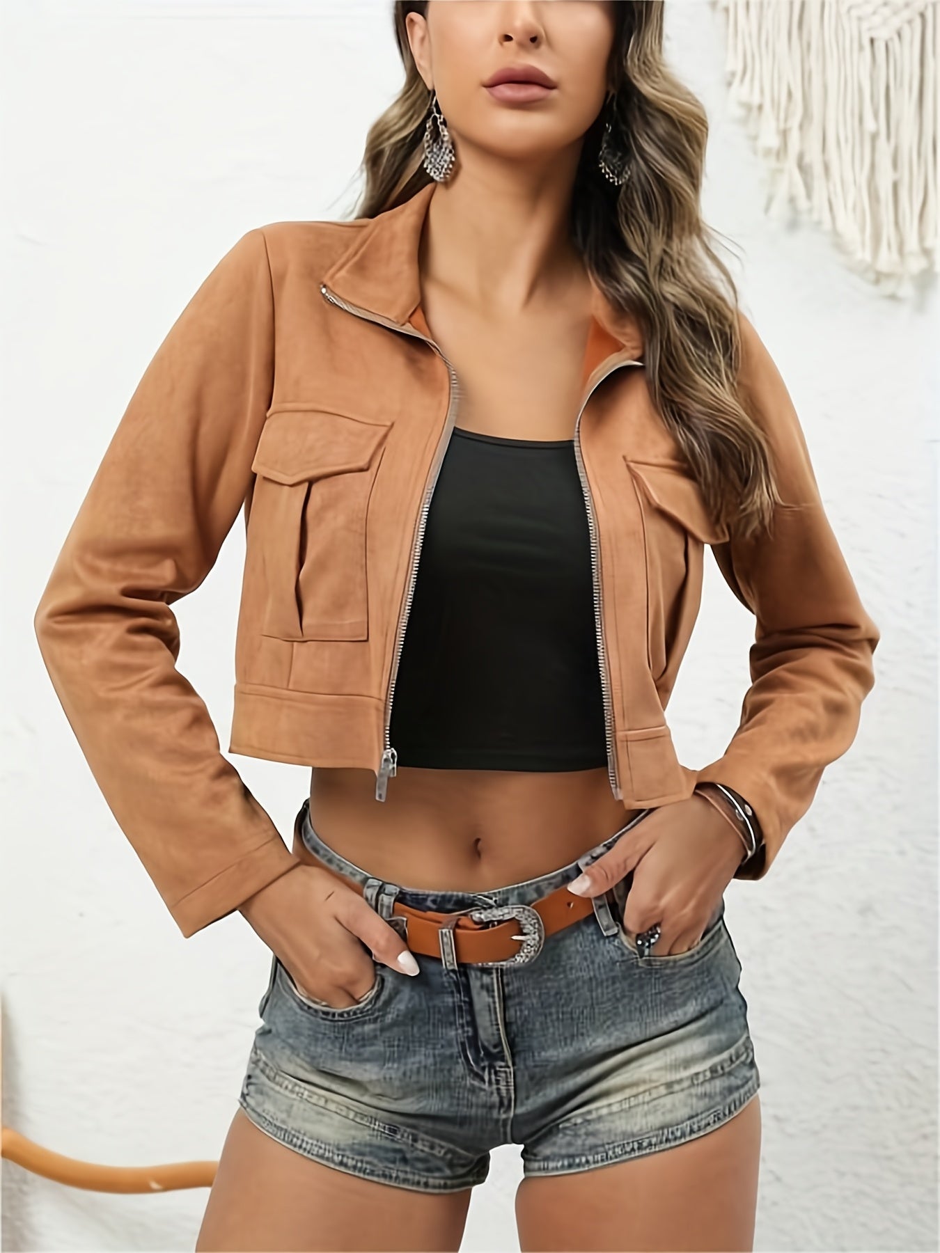 Vintage Solid Crop Jacket Long Sleeve