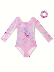 Girls Stretchy Tie Dye Long Sleeve Gymnastics Outfits Slim Dance Suit