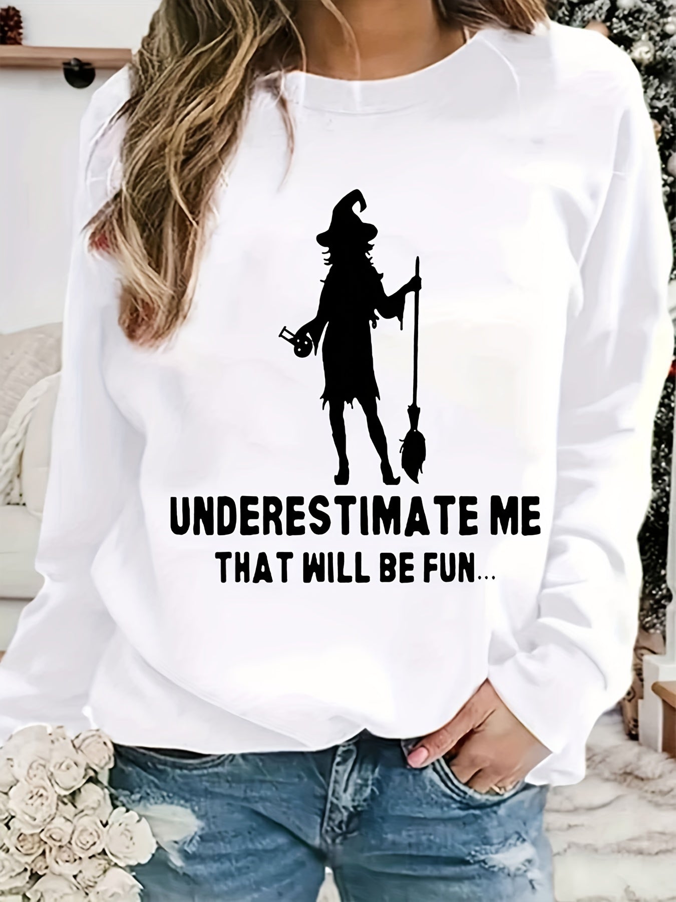 Halloween Witch Print Sweatshirt Casual Long Sleeve Crew Neck Women's Clothing