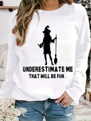 Halloween Witch Print Sweatshirt Casual Long Sleeve Crew Neck Women's Clothing