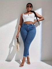 Sexy Jeans Women's Plus Solid Roll Up High Rise High Stretch Skinny