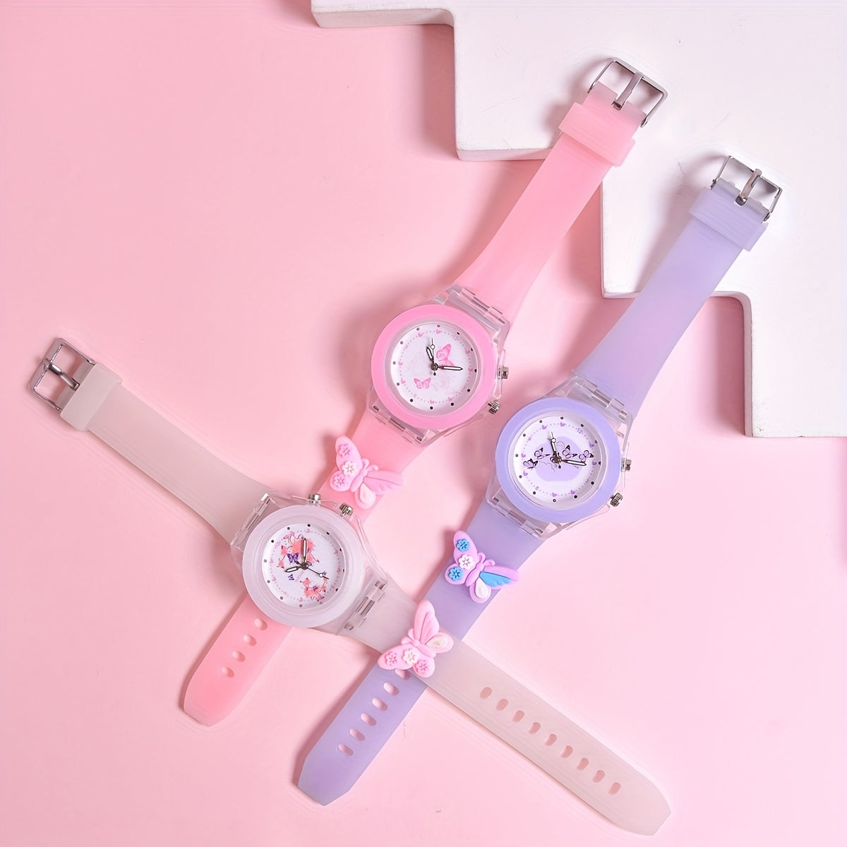 3pcs Girls Butterfly & Animal Print Watches with Glow in the Dark Dials