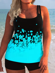 Colorblock Floral Print Tank Top & Shorts Swimsuit Set