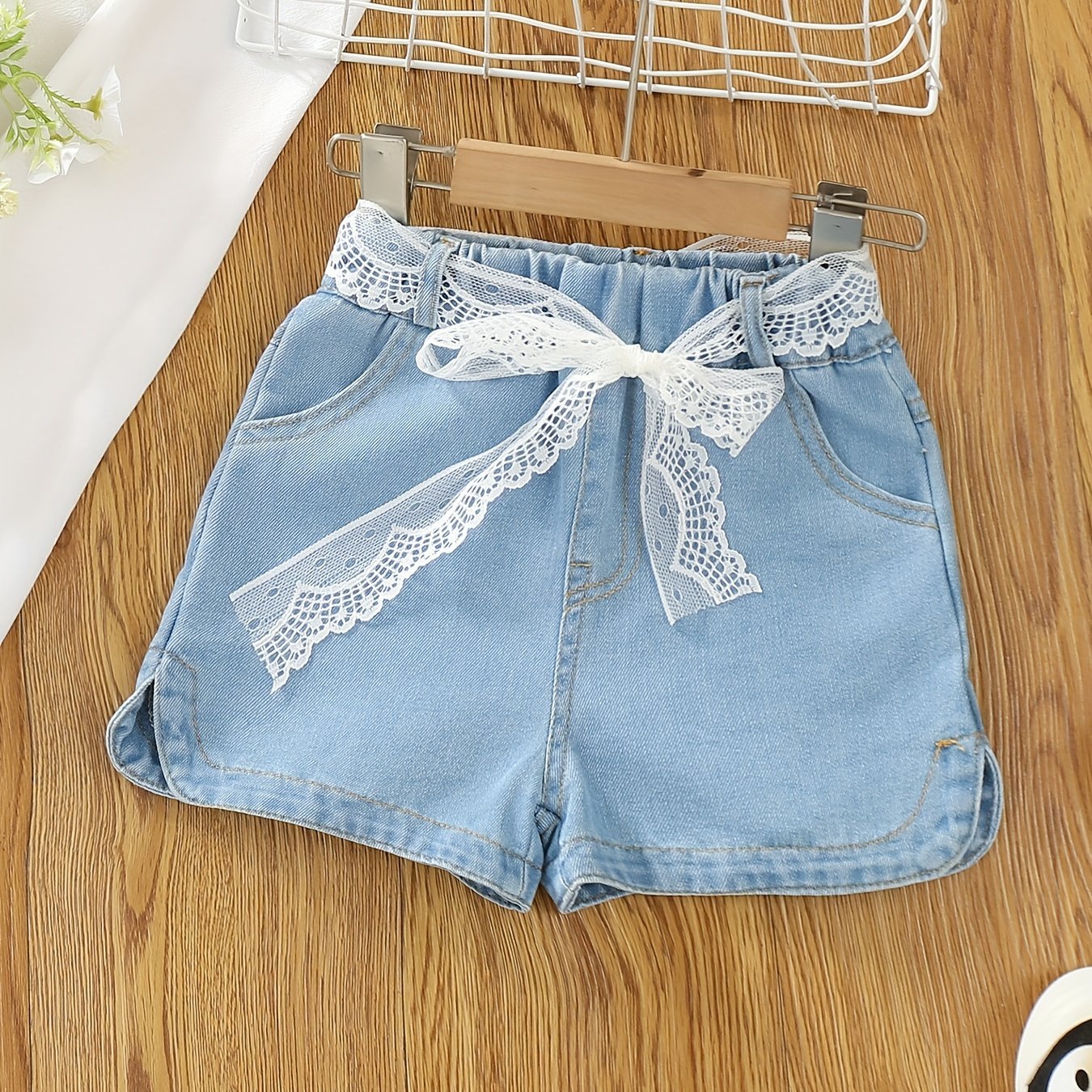 Girls Denim Shorts with Lace Belt for Summer