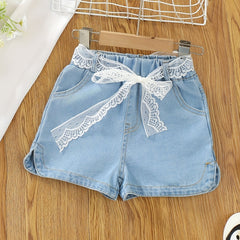 Girls Denim Shorts with Lace Belt for Summer