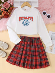 2pcs Girls Number Print T Shirt Crop Top & Skirt Set Kids Clothes