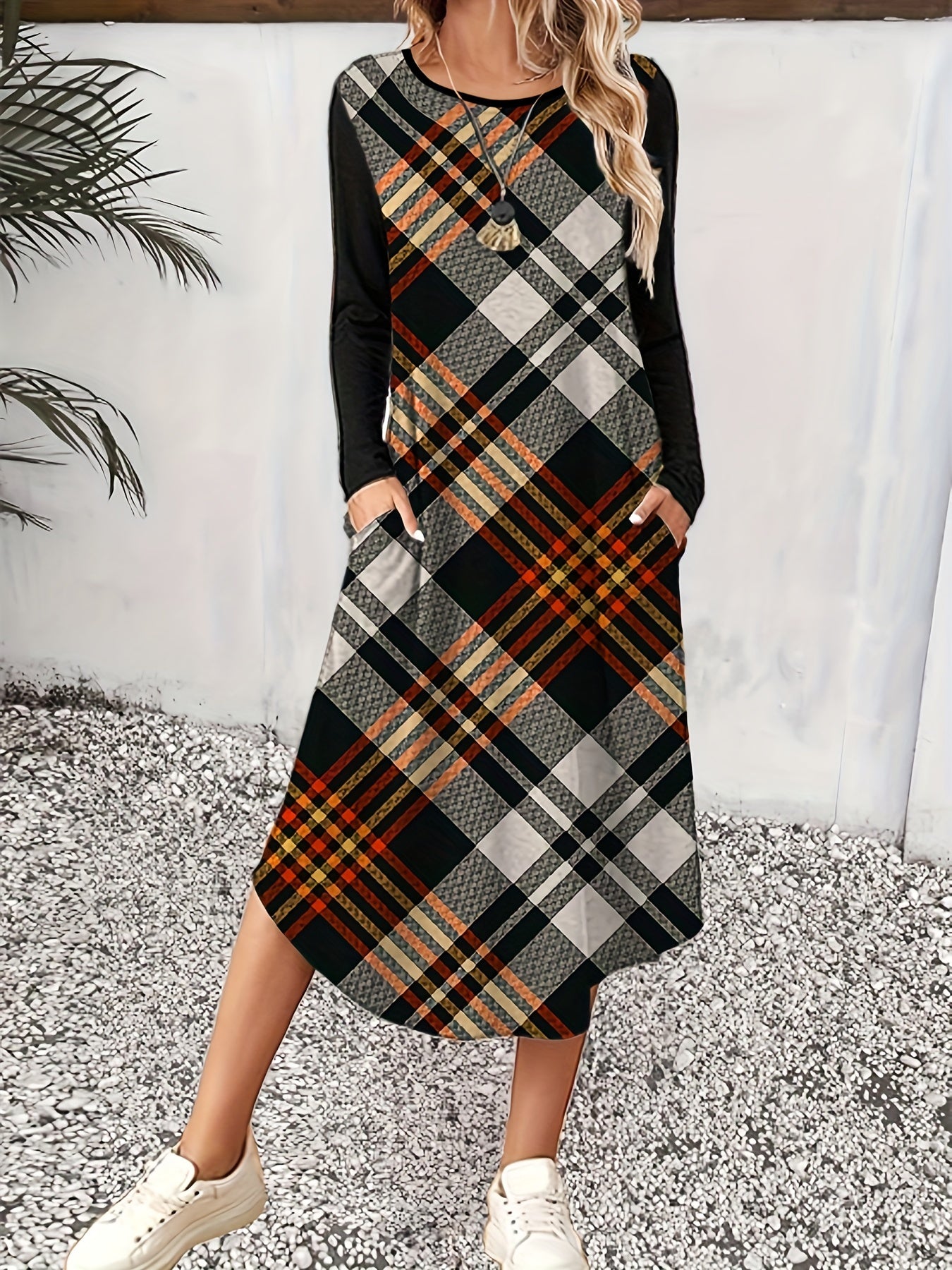 Colorblock Plaid Print Long Sleeve Round Neck Dress