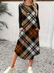 Colorblock Plaid Print Long Sleeve Round Neck Dress