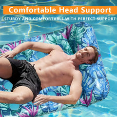 Large Leaf Pattern Pool Float with Headrest, 2 Pillows, PVC Material