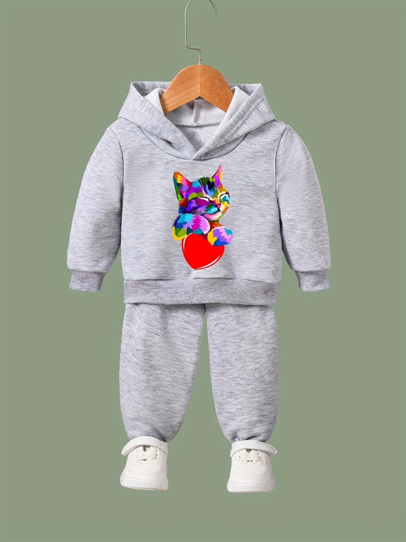 Girls 2pcs Cat Pattern Hooded Sweatshirt & Sweatpants Set