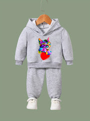 Girls 2pcs Cat Pattern Hooded Sweatshirt & Sweatpants Set