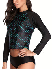 Polka Dot Print Crop Long Sleeve Sunsuit for Diving