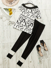 Abstract Print Slanted Shoulder Set with High Waist Pants