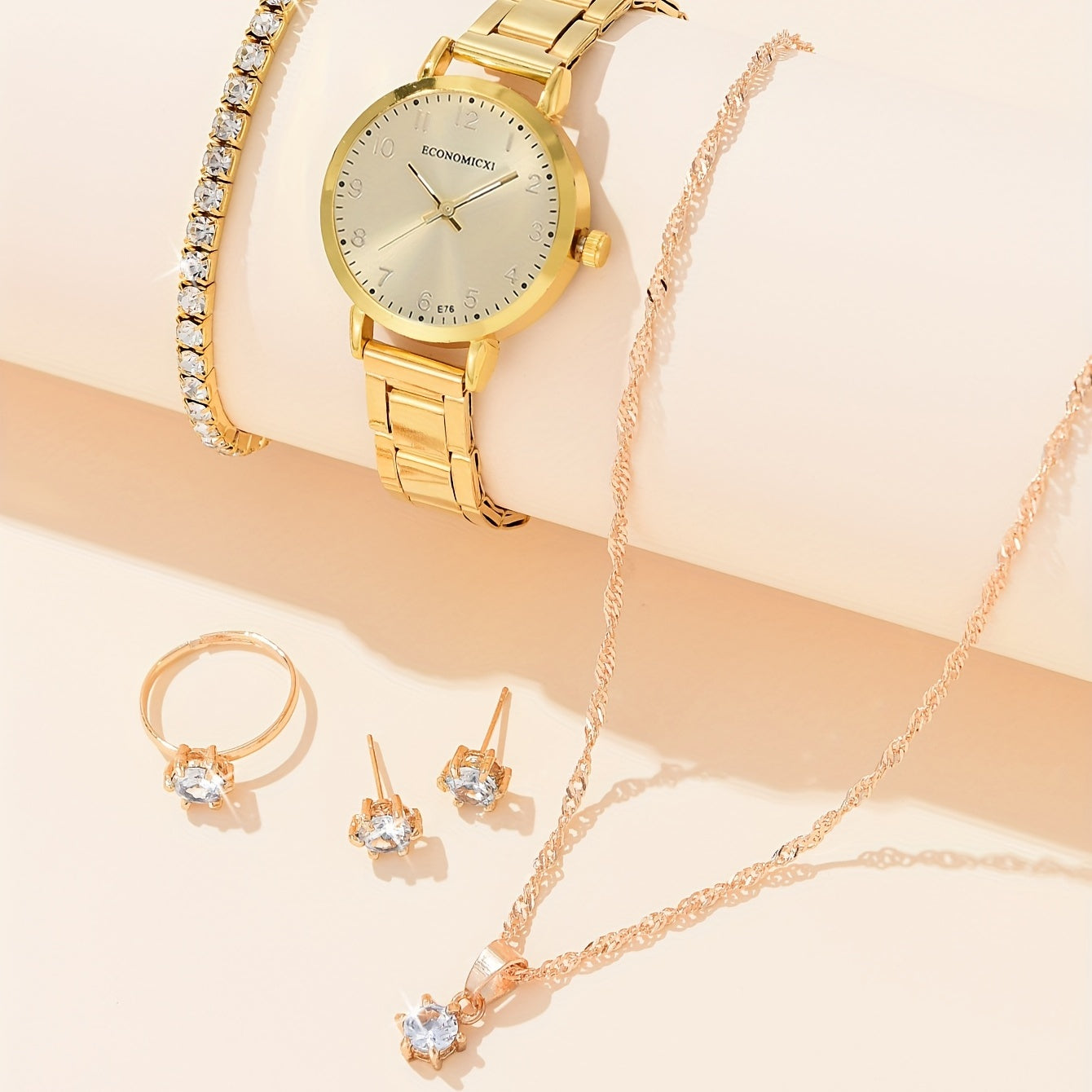 Rhinestone Quartz Watch & 5pc Jewelry Set