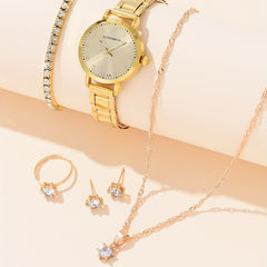 Rhinestone Quartz Watch & 5pc Jewelry Set