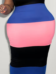 Colorblock Strip Tank Dress Women's Plus Casual Round Neck High Stretc