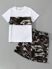 Boy's Camo Casual Outfit Round Neck T shirt & Shorts