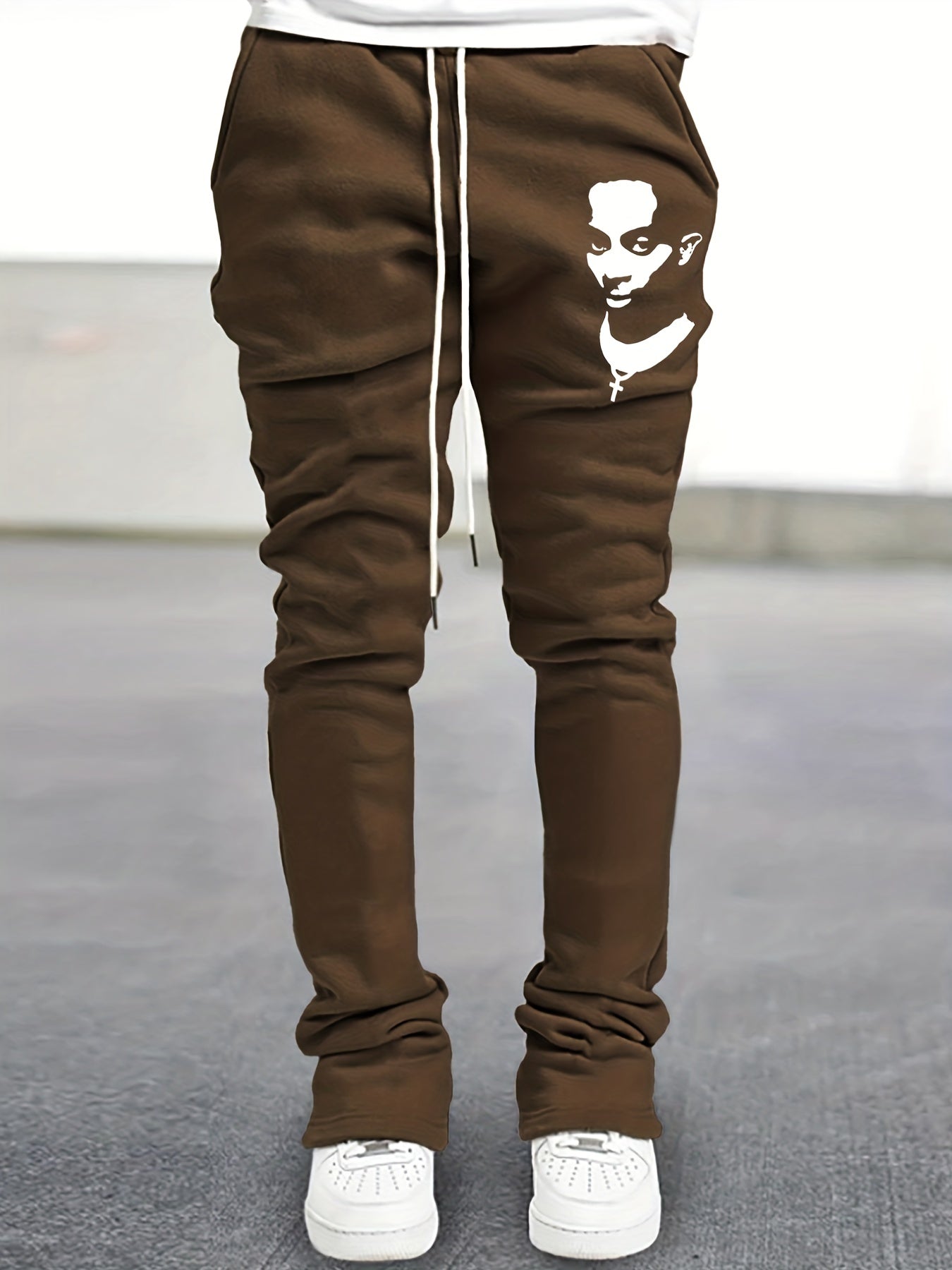 Men's Drawstring Bell bottom Pants Portray Pattern Casual Slim Pants