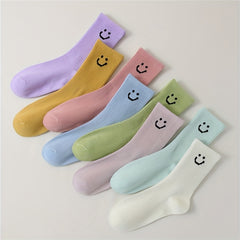 8 Pairs Smiling Face Print Socks Women's Mid Tube Stockings & Hosiery