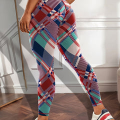 Colorful Plaid Print Yoga Leggings High Waist Tummy Control Pants
