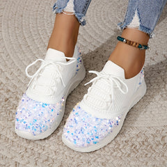 Glitter Sequins Platform Sneakers Lace Up Knit Shoes