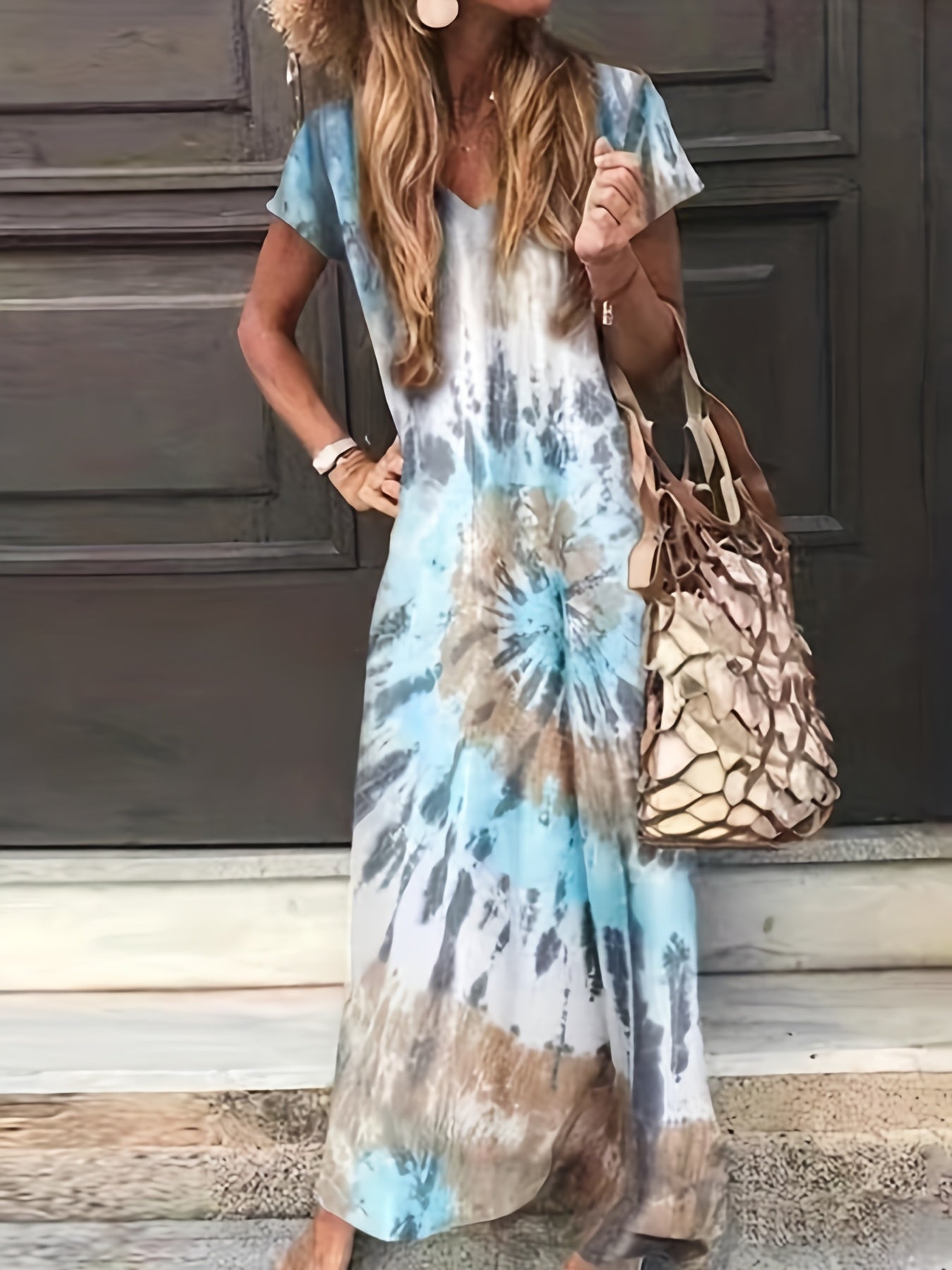 Tie Dye Short Sleeve V Neck Maxi Dress