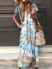 Tie Dye Short Sleeve V Neck Maxi Dress