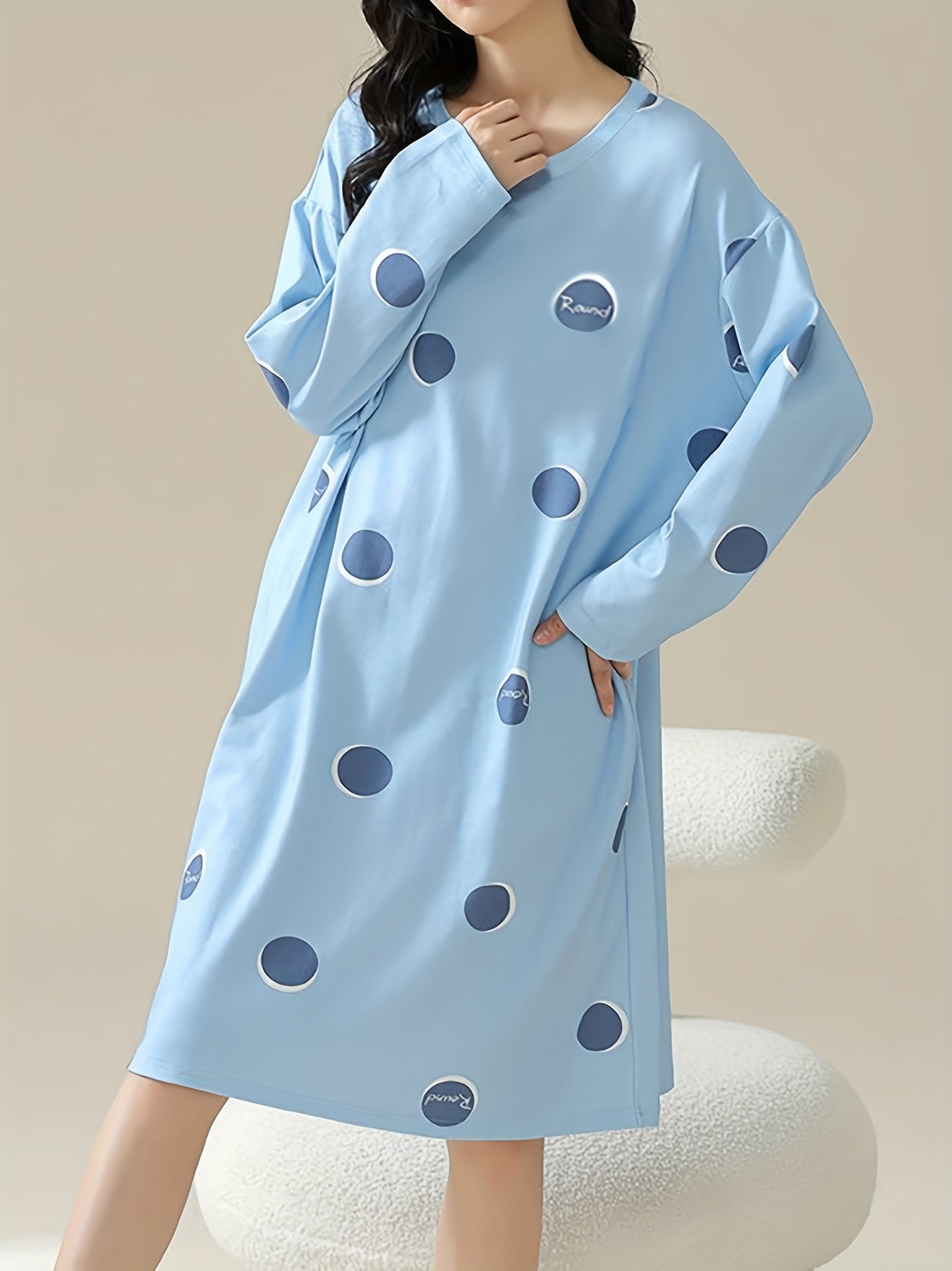 Polka Dot Print NightDress Long Sleeve Pajama Dress