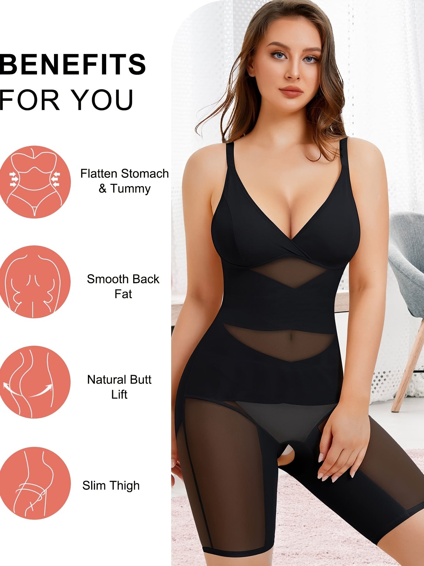 Mesh Shaping Romper V Neck Tummy Control Butt Lift Slimming Body Shaper