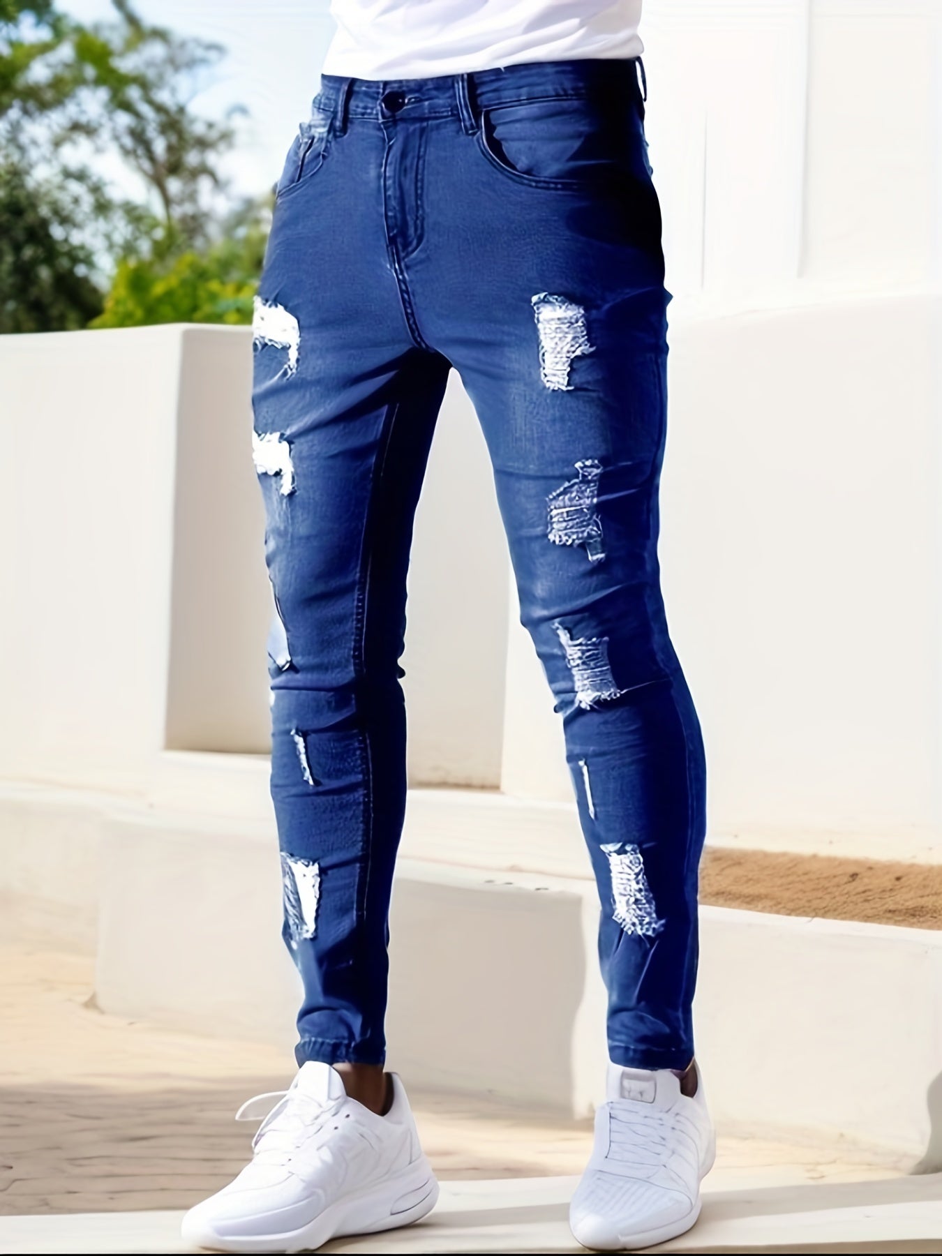 Men's Ripped Skinny Jeans Casual Street Style High Stretch Denim Pants
