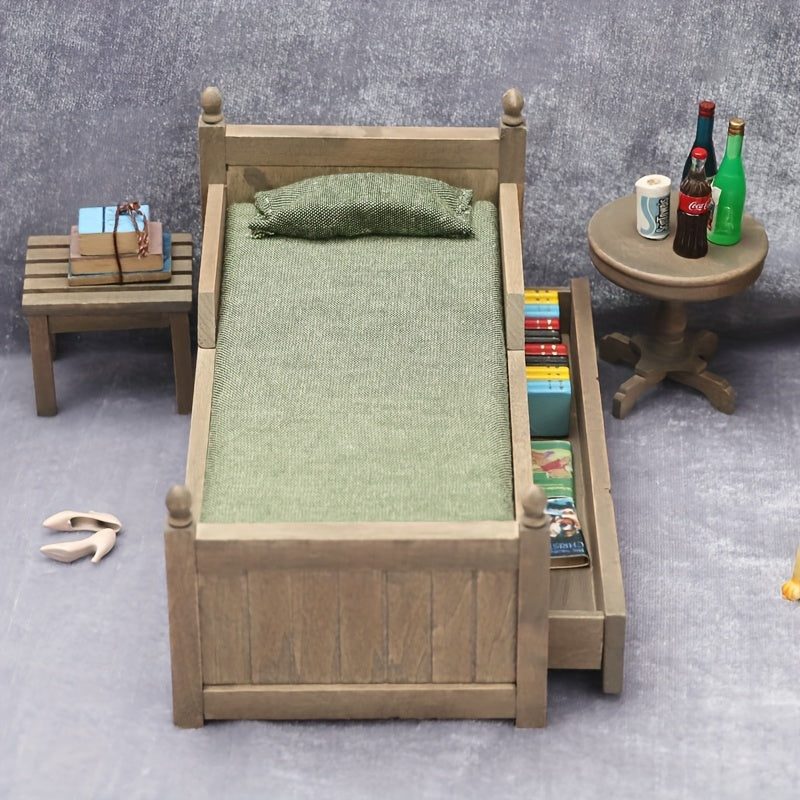 1:12 Scale Dollhouse Bed with Storage Drawer Vintage Natural Wood Construction