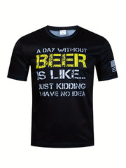 Men's Letter Print Sports T shirt Casual Stretch Round Neck Tee Shirt
