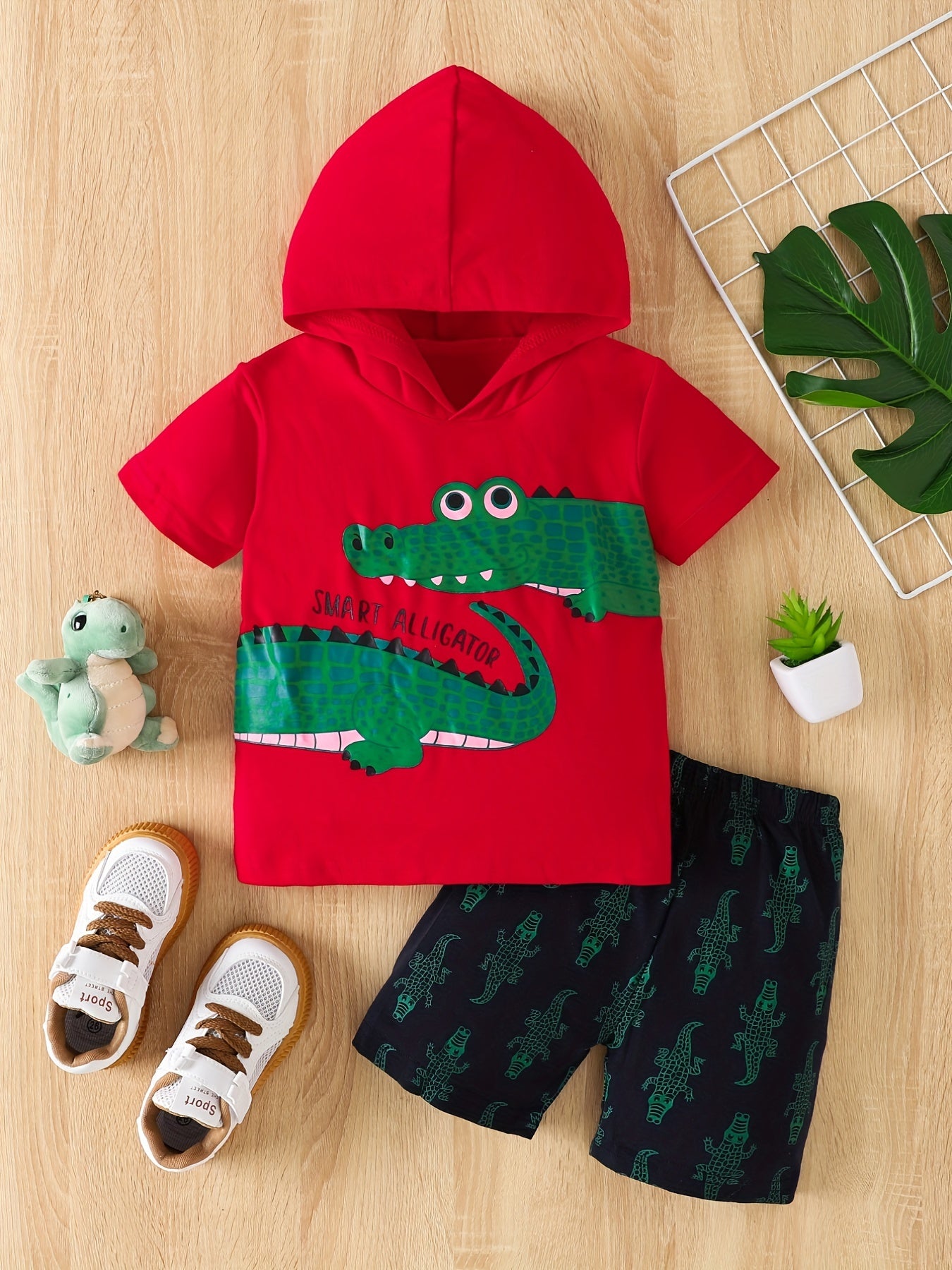 2pcs Boys Dinosaur Print Hooded Tees & Shorts Set for Summer