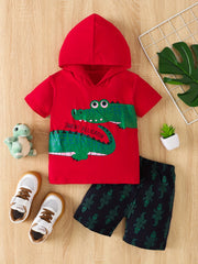 2pcs Boys Dinosaur Print Hooded Tees & Shorts Set for Summer