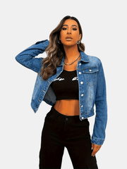 Dark Washed Crop Denim Jacket Long Sleeves