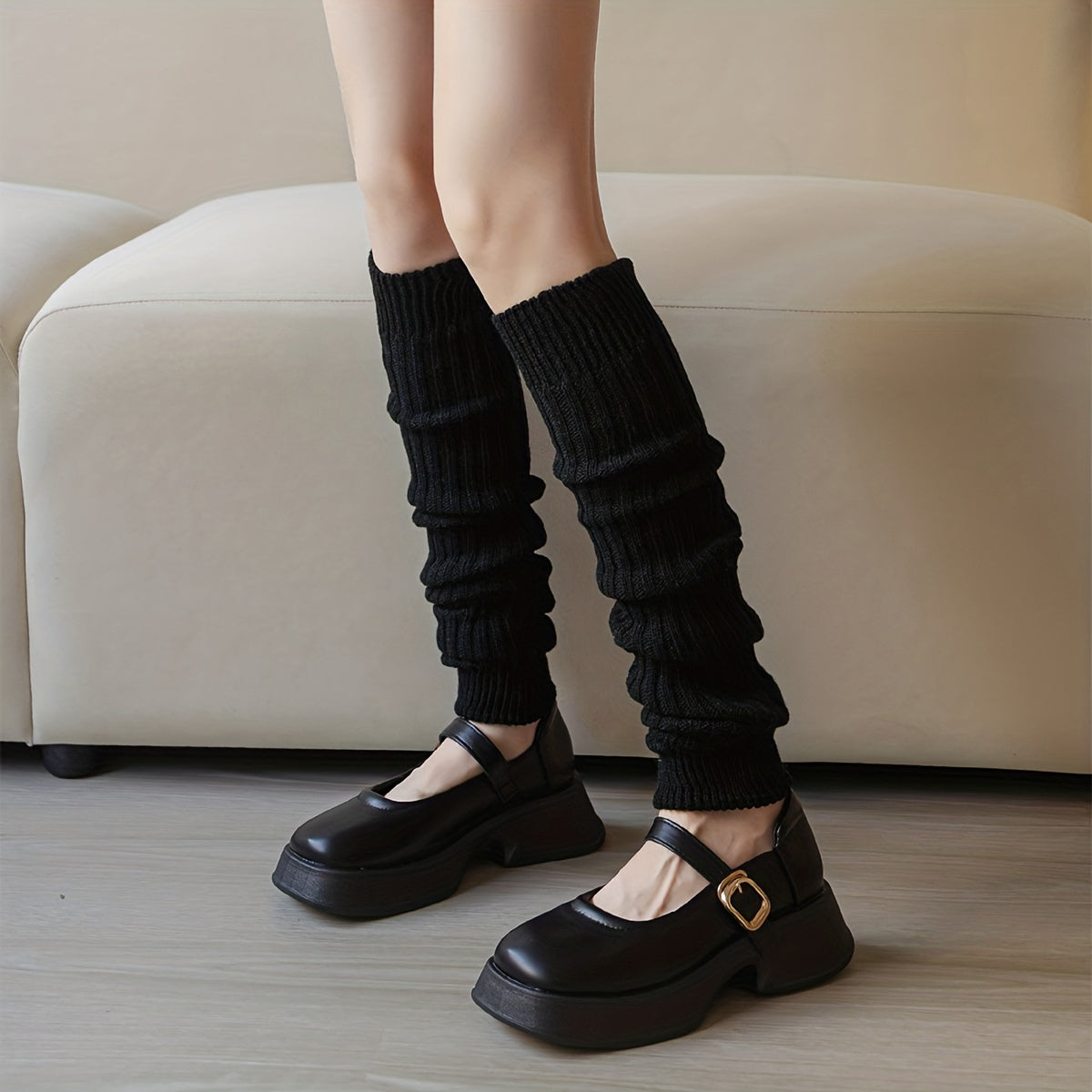 Rib Knit Leg Warmers Solid Crew Socks Women's Stockings