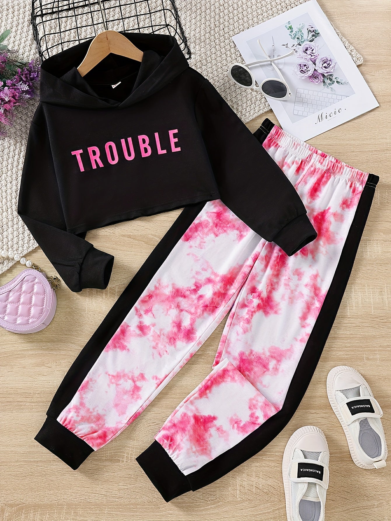 Girls 2pc TROUBLE Letter Hoodie Set Colorblock Tie dye Pants Kids Casual Suit
