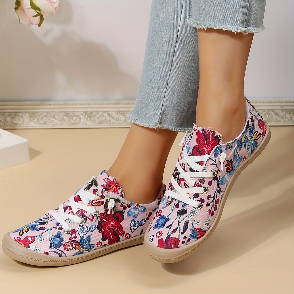 Floral Print Canvas Lace Up Flat Sneakers Women's Shoes
