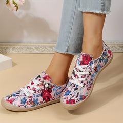 Floral Print Canvas Lace Up Flat Sneakers Women's Shoes