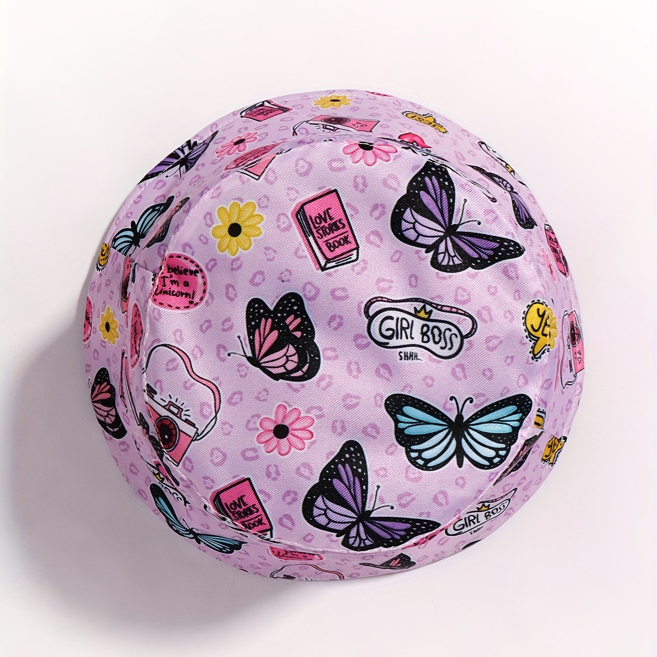 Pink Butterfly Print Reversible Bucket Hat Women Cloche Hat