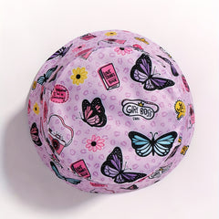 Pink Butterfly Print Reversible Bucket Hat Women Cloche Hat