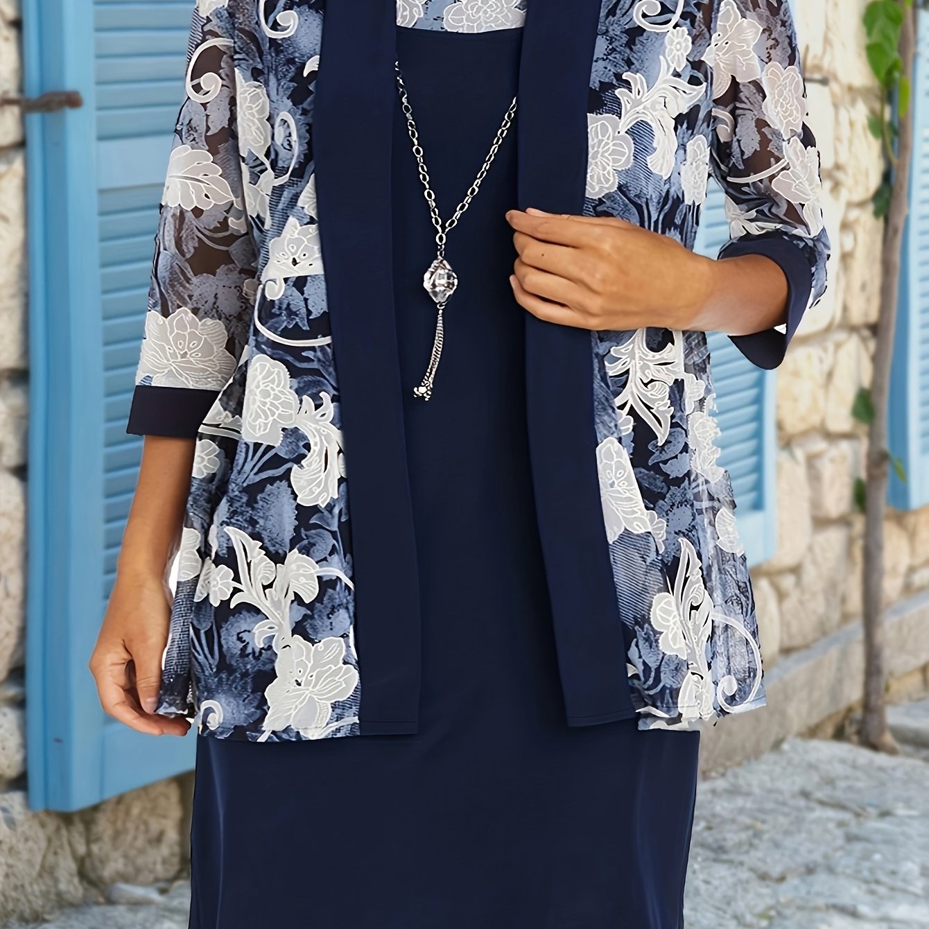 Floral Print 3/4 Sleeve Coat & Midi Dress Set