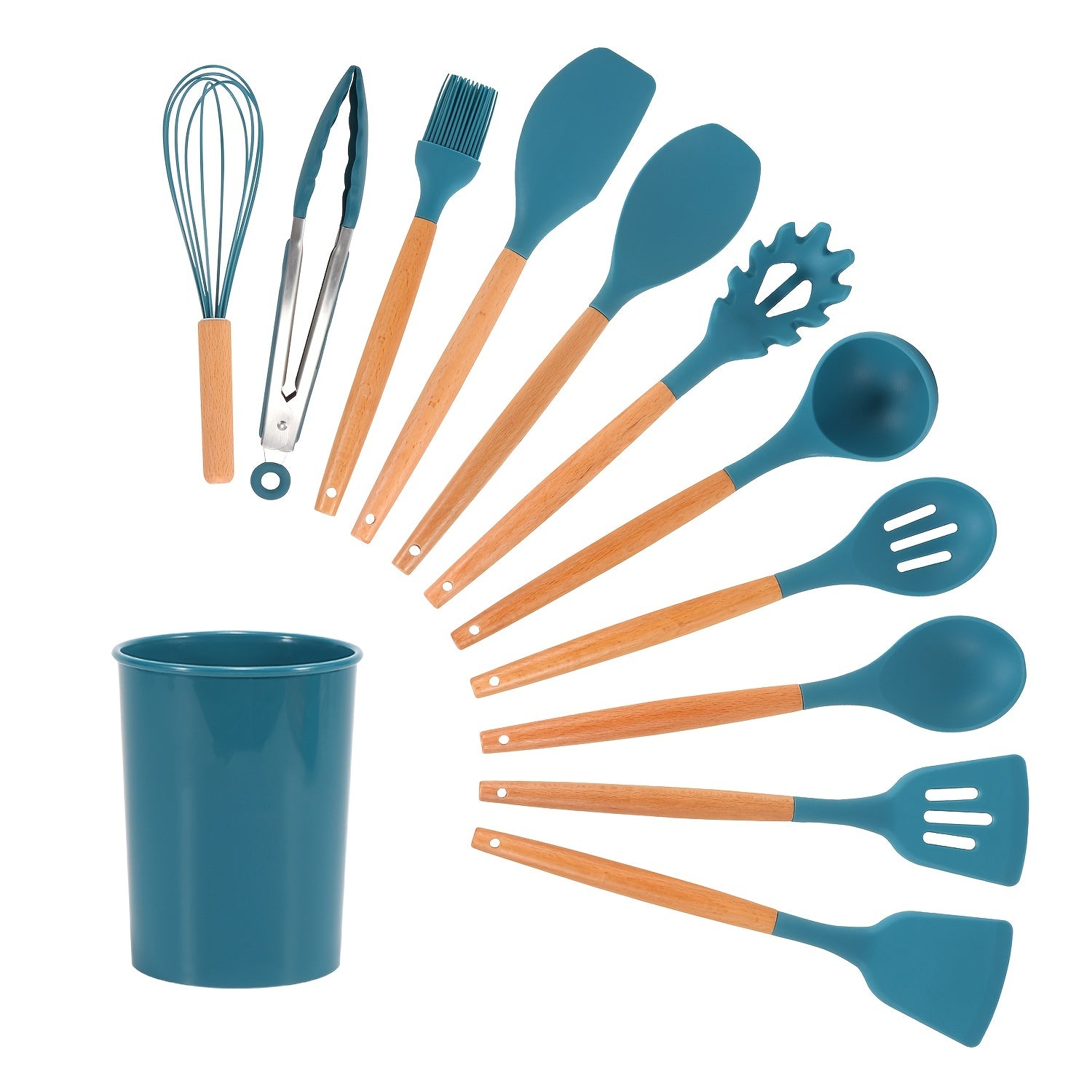 Set of 12 Kitchen Silicone Kitchenware with Beech Wooden Handle