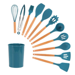 Set of 12 Kitchen Silicone Kitchenware with Beech Wooden Handle
