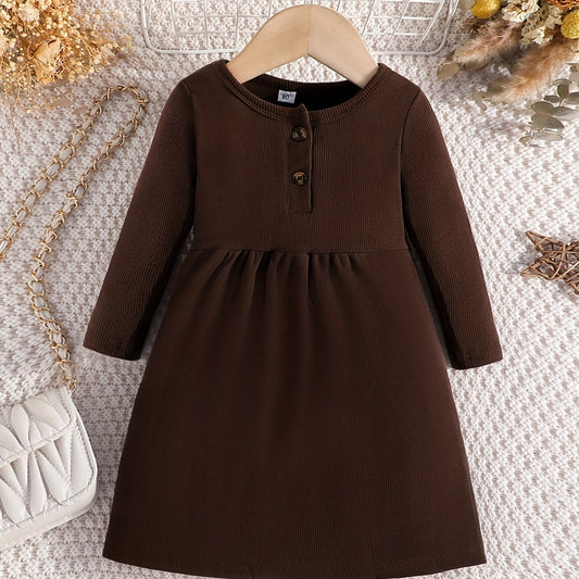 Girls' Corduroy Button Crew Neck Long Sleeve Dress For Party
