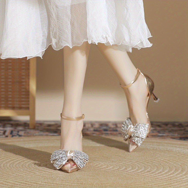 Rhinestone Bowknot Heels Point Toe Dress Pumps Buckle Strap Stiletto Heels