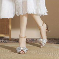 Rhinestone Bowknot Heels Point Toe Dress Pumps Buckle Strap Stiletto Heels