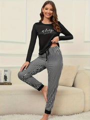 Women's Letter Print Lounge Set Long Sleeve Top & Striped Pants