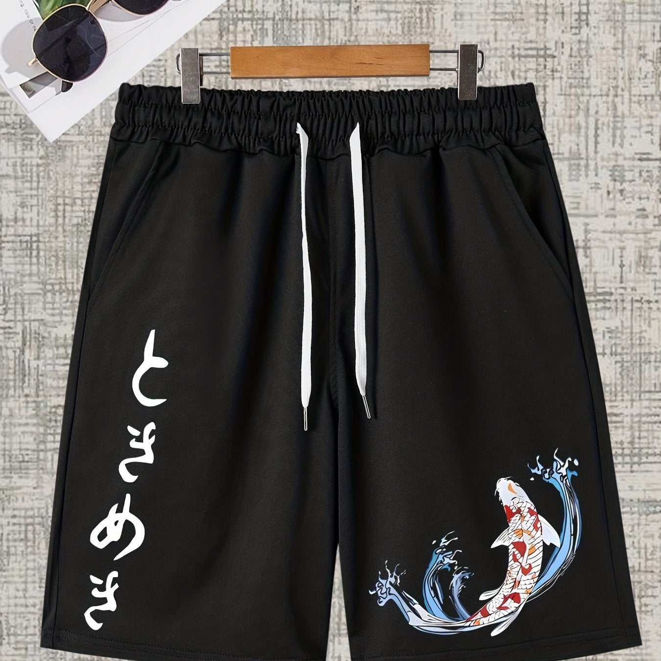 Koi Fish Pattern Comfy Active Shorts Men's Casual Stretch Drawstring Shorts