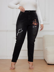 Goth Jeans Women's Plus Butterfly & Skull Print Ripped High Rise Jeans